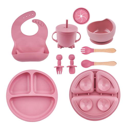 Lumikrypt Silicone Baby Feeding Set, 9 Pcs Baby Led Weaning Utensils, Baby Suction Bowl, Plates, Bib, Spoons Set, Sippy Cup with Straw, Baby Self Feeding Supplies Set