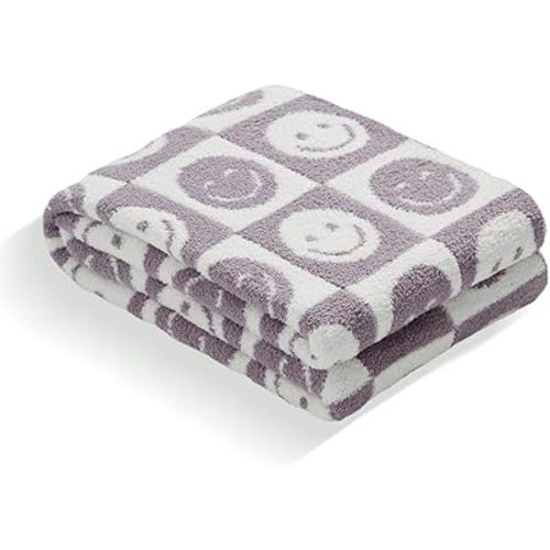 Baby Throw Blankets with Smiley Faces Checkered Reversible Soft Cozy Warm Blanket for Bed Sofa Travel (Grid Smile,Purple,28"x40")