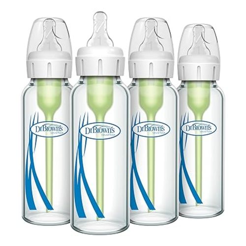 Dr. Brown's Anti-Colic Options+ Narrow Glass Baby Bottle with Level 1 Slow Flow Nipple, BPA-Free, 8 oz/250 mL, 4-Pack
