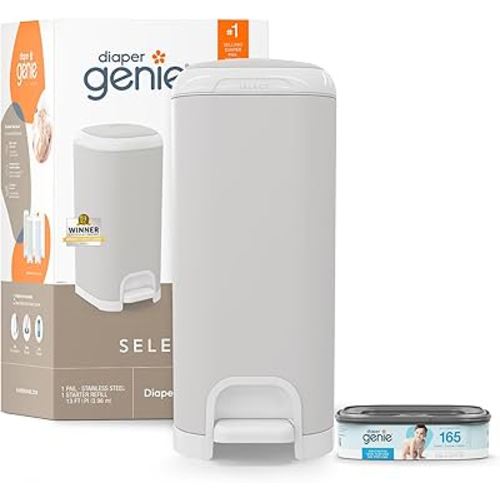Diaper Genie Select Pail (Grey) is Made of Durable Stainless Steel and Includes 1 Starter Square Refill That can Hold up to 165 Newborn-Sized Diapers.
