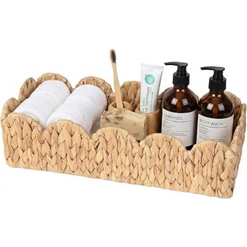 Handwoven Water Hyacinth Scalloped Edge Tray Basket, Decorative Woven Organizer for Bathroom Counter, Coffee Table, Kitchen, Dresser – Natural Boho Storage Tray with Handles