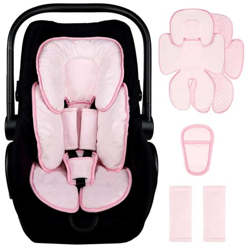 2 in 1 Infant Car Seat Insert Head and Body Support Set, Reversible Newborn Insert for Carseat with 3 Extra Strap Paddings, Soft Stroller Cushion Pillow Insert Girls, Fits for Stroller, Swing, Pink