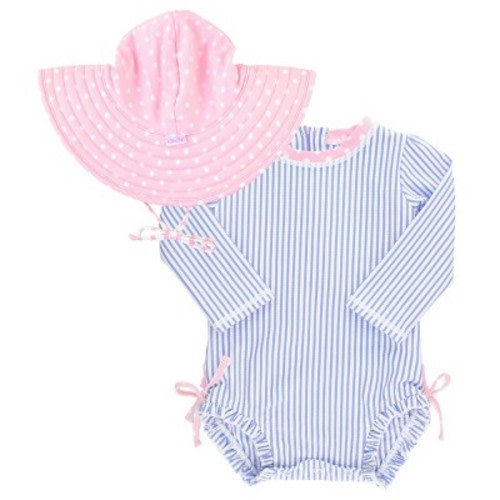 RuffleButts Seersucker Long Sleeve Rash Guard One Piece & Hat Set - Periwinkle Blue, Size : 3-6 Months
