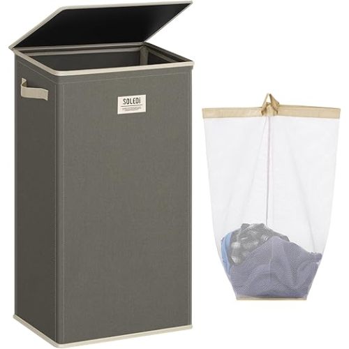SOLEDI Laundry Hamper with Lid 100L Large & Tall Collapsible Laundry Basket, Clothes Hamper with Bag Removable Easy to Carry, Dirty Hampers for Bedroom, Bathroom, Dorm, College, Cement