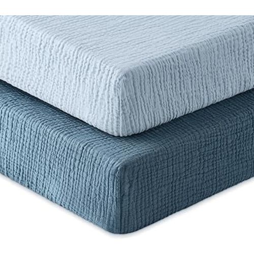 Muslin Crib Sheets for Boys Girls, 100% Cotton Fitted Crib Sheet 2 Pack for Standard Crib and Toddler Mattress, Breathable Soft Baby Sheet 28x52x8in Gradient Blue