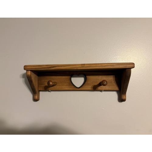 Rustic Pine Shelf with Heart and Pegs, Country Wall Decor, 12"