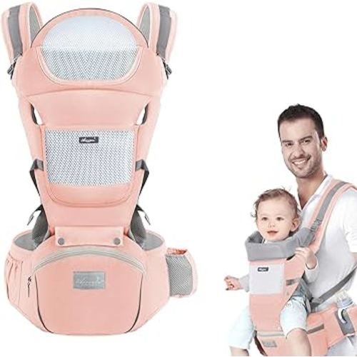 Baby Carrier with Hip Seat, Multi-Functional 9 in 1 Baby Wrap Carrier Newborn to Toddler for All Seasons Ergonomic Baby Sling Carrier Hands Free Baby Backpack Carrier 7-45 lbs (Pink)