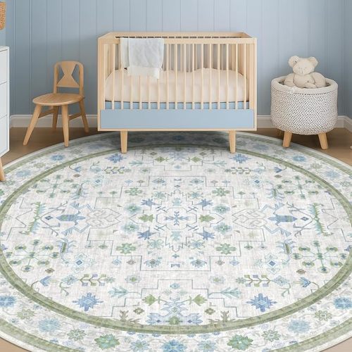 Oushak Large Round Rug for Living Room - 8ft Circle Area Rug for Kids Playroom, Bedroom, Home Office, Foyer, Non Slip Washable Blue and Green Floral 8 x 8 Décor