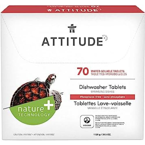 ATTITUDE Dishwasher Pods, Naturally Derived Dishwashing Detergent, Vegan and Plant-Based Dish Soap Tablets, Phosphate Free, Unscented, 70 Count