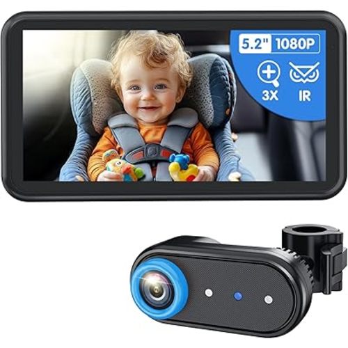 BM2A Baby Car Camera – 3X Zoom to See Baby Clearly, 5.2" 1080P Display & Auto IR Night Vision, Rear-Facing View Monitor, Easy Install for Parents & Pet Owners