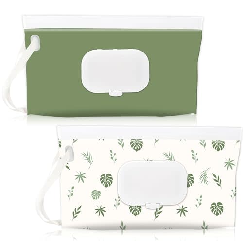 FEBSNOW 2 Pack Baby Wipes Dispenser Holder, Portable Refillable Baby Wet Wipes Pouch Container Reusable Travel Case for Outdoor Hiking, Green Leaves