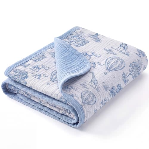 Breling Blue Safari Muslin Baby Blankets for Girls Boys, 100% Cotton Crib Blanket for Infant Toddler, 40 x 36 Inch Soft and Lightweight Nursery Swaddling Wrap