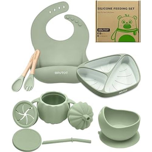 Silicone Baby Feeding Set, Toddler Plate and Bowl Set with Sippy Straw Snack Cup, Bib, Spoon Fork, Dishes Utensils for Toddler Self Feeding Baby Led Weaning 9 PCS