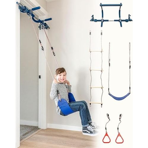 Gym1 4-Piece Doorway Swing Set Includes Sensory Swing for Kids - Indoor Pull Up Bar for Adults - 2 Rings for Grip Power, Agility Ladder - Hold Up to 300 Lbs - Pull Up Bar for Doorway