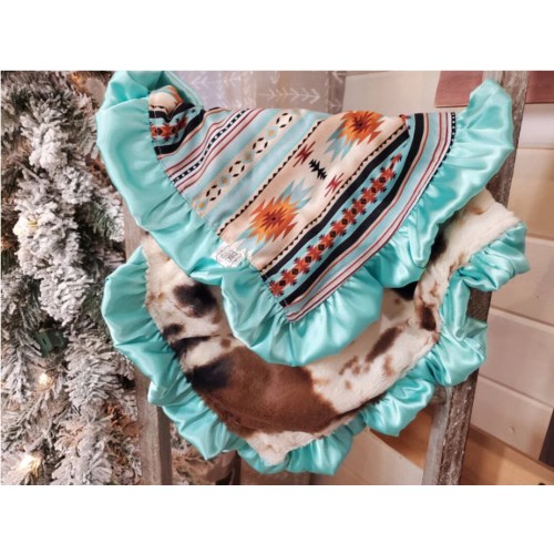 Baby Ruffle Lovey - Mint Aztec and Cow Minky