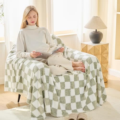 EMME Checkered Blanket Throw - 50"x60" Green Knit Blanket Soft Fluffy Patterned Throw Blankets for Couch, Sofa, Chair, Bed, Camping, Picnic, Travel