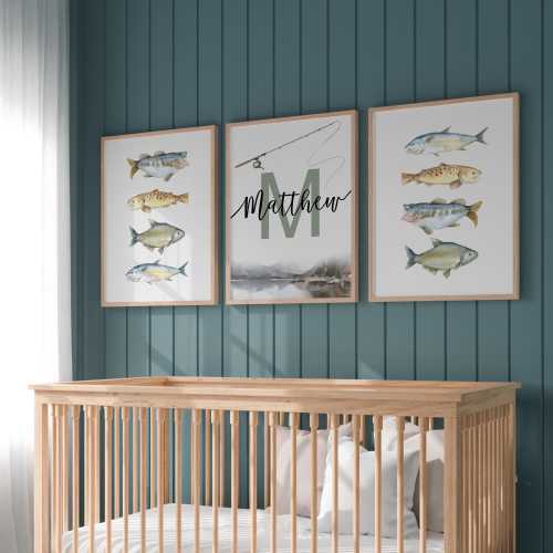 Personalized Fishing Nursery Art Print 3 piece set | Custom Kids Room Decor