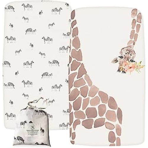 Bassinet Fitted Sheets 33 x 20” Compatible with Mika Micky, Maxi COSI, Ronbei, Amke, Baby Joy, Cloud Baby, Koola Baby Bedside Sleeper – 100% Organic Jersey Cotton – Safari Giraffe – 2 Pack
