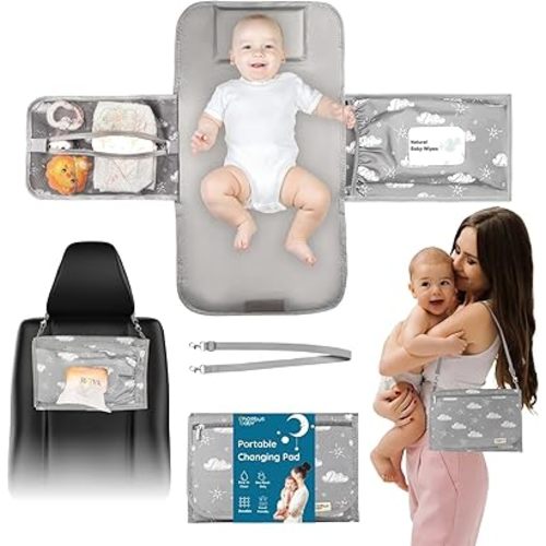 Portable Diaper Changing Pad - Travel Waterproof Baby Changing Mat with Shoulder Strap - Foldable Diaper Changing Station with Wipes Pocket, Newborn Shower Gifts
