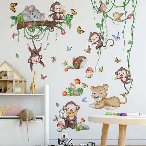 Jungle Monkey Climbing Tree Wall Decals Jungle Animals Vine Leaves Wall Stickers Baby Nursery Kids Room Living Room Wall Decor