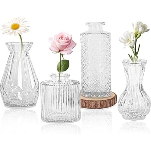 Set of 4 Glass Bud Vase Set, Small Vintage Clear Flower Vase Centerpieces for Table Bulk Cute Rustic Style Mini Vase for Home Decor Wedding Baby Shower Birthday Party