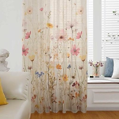 Botanical Wildflower Window Curtains 84 Inches Long,Semi Sheer Rod Pocket Chiffon Curtains & Drapes Drapery Voile Draperies Window Treatment for Living Room/Bedroom,Retro Colored Spring Floral Herb