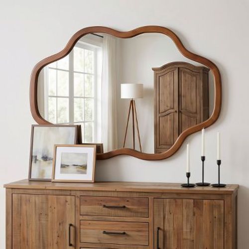 20" × 30" Cloud Shape Wood Wall Mirror, Irregular Walnut Wood Frame Decorative Accent Mirror for Bathroom Vanity, Entryway & Living Room-Panipeachy