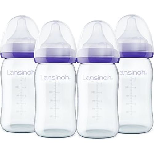 Lansinoh Anti-Colic Glass Baby Bottles, 5 Ounces, 4 Count Bottles for Feeding, Baby Essentials, Includes 4 Slow Flow Nipples, Size S