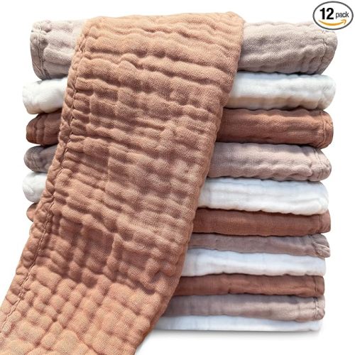 Muslin Burp Cloths for Baby 100% Cotton Burping Cloths for Unisex, Boy, Girl - Large 20'' by 10'' Newborn Essentials Ultra Soft Absorbent Milk Spit Up Rags - 12 Pack - White+Light Bean Paste Series