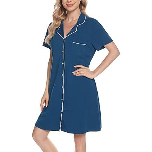Vlazom Women's Nightgowns Short Sleeve Sleep Shirts Nightshirt V Neck Button Down Pajama Sleepwear S-XXL