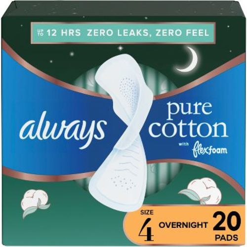 Always Pure Cotton Overnight Pads with Wings - Size 4 - 20ct