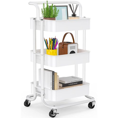 Pipishell 3 Tier Mesh Utility Cart, Rolling Metal Organization Cart with Handle and Lockable Wheels, Multifunctional Storage Shelves for Kitchen Living Room Office (White)
