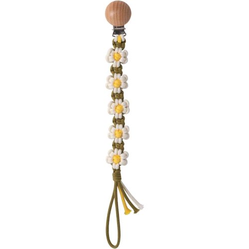 Braided Pacifier Clip for Boys Baby Girls Floral Daisy Macrame Paci Clip Boho Wooden Clips Handmade Cotton Binky Clips Baby Shower Birthday Gift