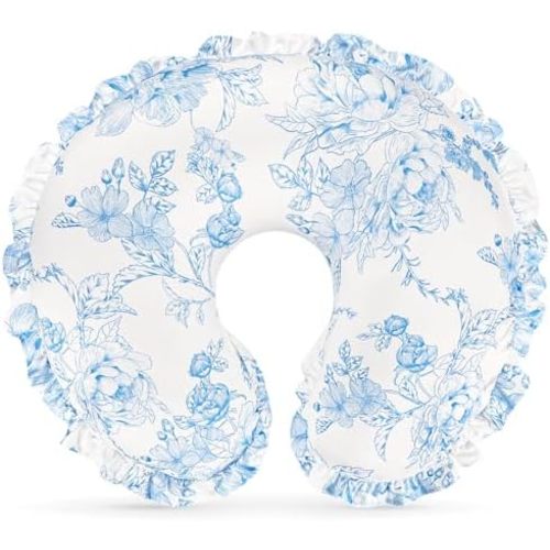 DILIMI Nursing Pillow Cover, Removable Ruffled Pillowcase for Breastfeeding Pillows, Ultra Soft Comfortable Slipcover for Baby Girl and Boy, Blue Floral