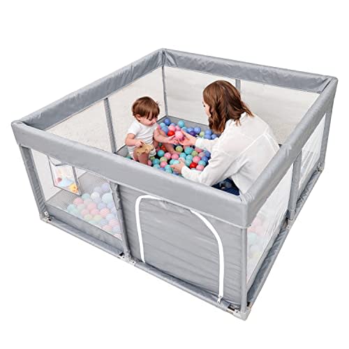 PandaEar Baby Playpen, Large Baby Playpen for Toddlers, Sturdy Baby Play Yards with Soft Breathable Mesh, Indoor & Outdoor Kids Activity for Infant Safety (50"×50")-LightGrey