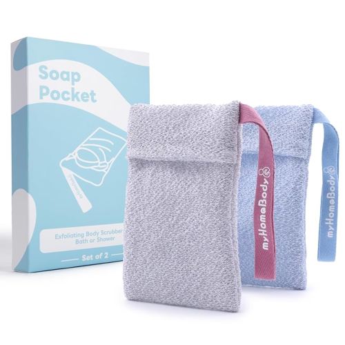 myHomeBody Soap Pocket for Gentle Exfoliating, Lather Mesh Bag, Body Scrubber Exfoliator, Pouch for Shower, Leftover Bits Saver, Light Blue, Gray - 2 Pack