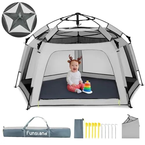 Funsland Baby Playpen Pop-up Tent - Outdoor & Indoor Play Tent for Beach with Canopy Travel Bag Portable Play Yard for Babies & Toddlers (Gray)