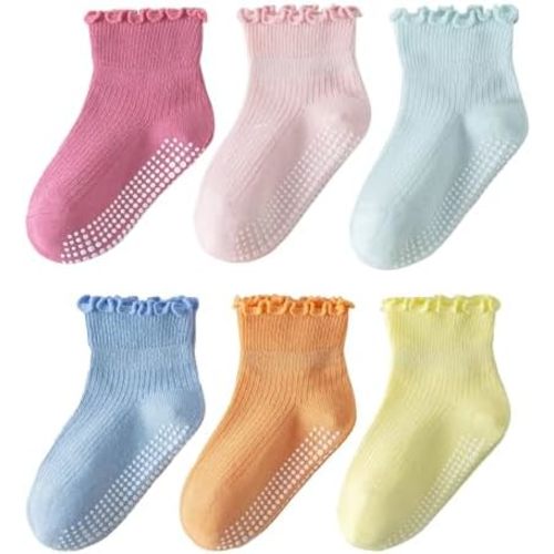 6 Pairs Toddler Ruffle Socks for Girls Baby Grip Socks Non Slip Socks Cute Grippy Frilly