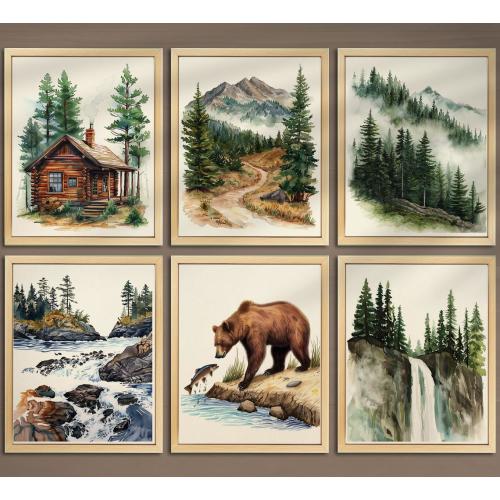 Vintage Landscape Camping Nursery Wall Art Set of 6 Wildlife Fishing Print Pine Tree Print  Mountain Wall Art Camping Print Cabin Decor 021