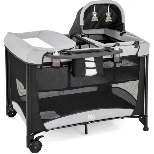 BABY JOY 4 in 1 Pack and Play, Portable Baby Playard with Bassinet & Diaper Changing Table, Infant Bassinet Baby Crib Activity Center with Toys & Oxford Bag from Newborn to Toddlers (Dark, Classic)