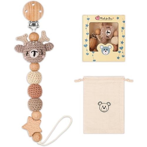 LSTRAGY Pacifier Clip, Cute Animal Pacifier Holder Clip for Boys and Girls, Most Pacifiers, Baby Teethers, Baby Shower and Baby Essentials(Elk)