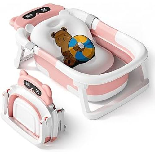 AVIDOR Baby Bathtub,Collapsible Bathtub for Newborn to Toddler,Durable Essential Infant Bath Tub,Portable Travel Baby Bathtub with Soft Cushion,No-Slip Hanging and Detachable Bathtub(Pink)