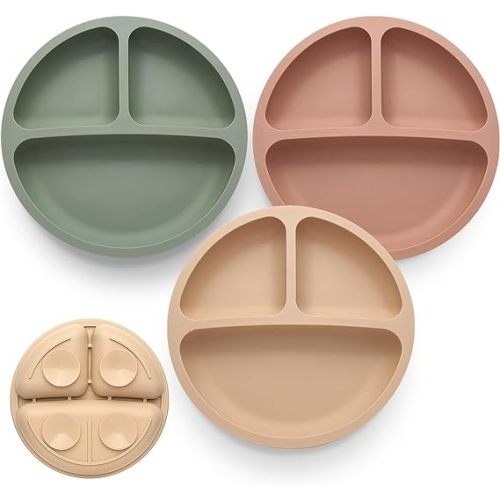 Toddler Plates, 3 Pack Divided Baby Plates with Suction, Food Grade Silicone Baby Led Weaning Supplies, BPA Free, Non-Slip, Microwave and Dishwasher Safe