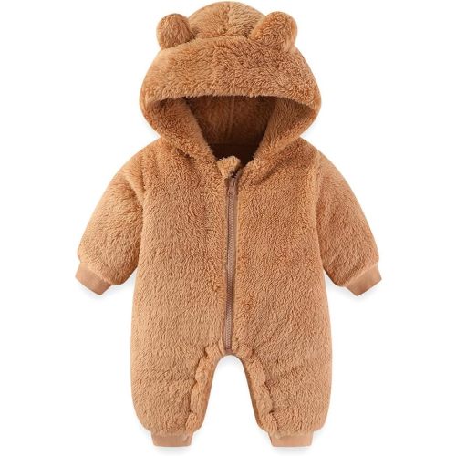 Newborn Baby Bear Onesie Outfit Suit Girls Boys Fleece Jumpsuit Romper Hooded Winter Snowsuit Clothes - 6-9 Months - Brown