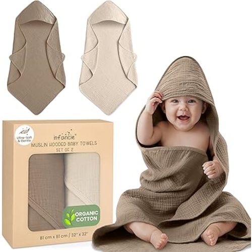 Organic Cotton Muslin Baby Hooded Towels - 32x32 Inch, 2 Pack Newborn Bath Towels for Boys & Girls, Soft & Absorbent Bath Set (Olive/Ivory)