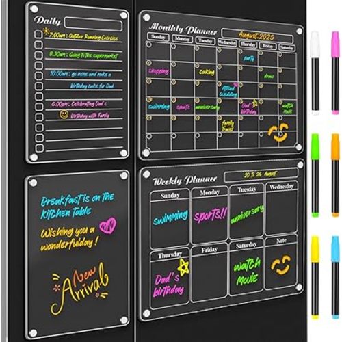 DIYMAG 4Pcs Acrylic Magnetic Dry Erase Calendar for Fridge, White Clear Calendar Planning Board Set Magnetic Weekly Monthly Planner Menu for Refrigerator with 6 Highlight Markers Transparent Color