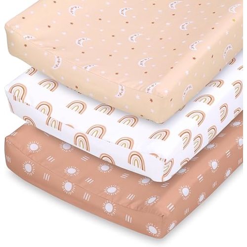 The Peanutshell Baby Girl or Boy Changing Pad Covers Set of 3 - Ultra Soft Pad Cover - Fits Standard Changing Table Pads, Durable, Machine Washable Sheets - Boho Rainbow