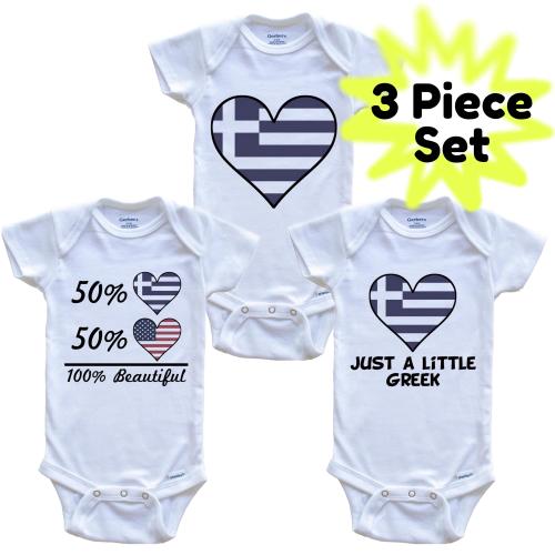 Greek American Heart Flag Baby Bodysuit Bundle (3 Piece Set) - Greece Baby Shower Gift Set