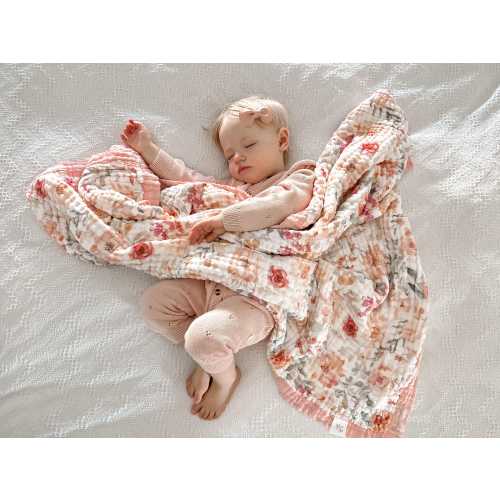 Baby girl 100% soft muslin cotton Quilt blanket, Large 47x43 inch pink, floral, watercolor, boho chic girl blanket