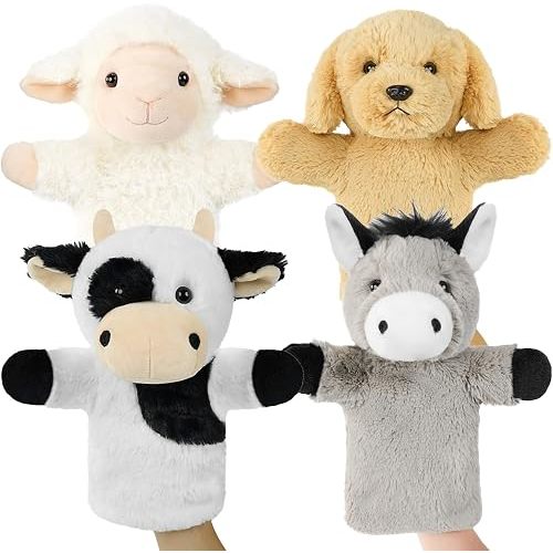 4 PCS 11'' Farm Animal Hand Puppet Set Soft Realistic Plush Puppets Toys Sheep, Donkey, Cow, Dog Puppet for Kids Ages 1-3, 4-8, Toddlers and Adults to Tell Stories and Role Play